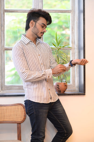 White & Grey Stripe Cotton Slim Shirt - NamegStore